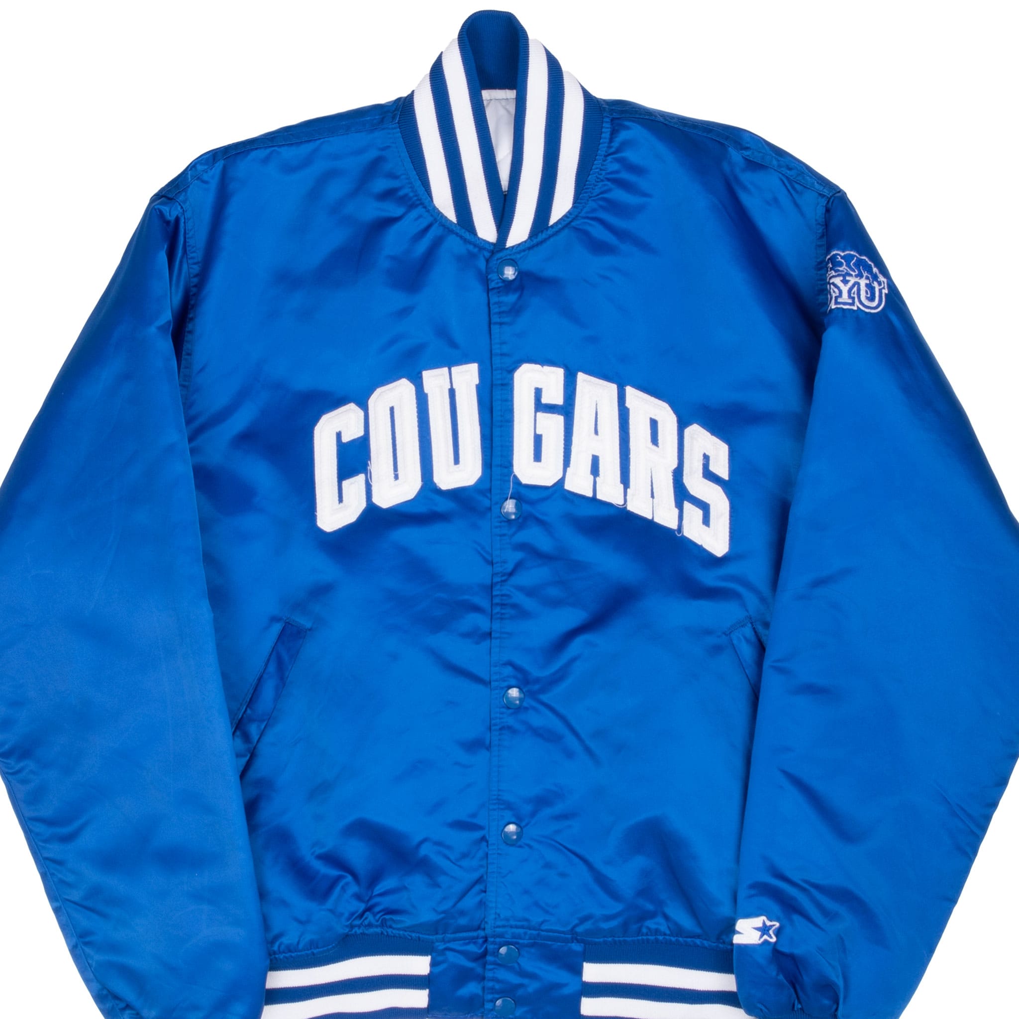 Front of blue BYU Cougars Starter satin bomber jacket with white lettering and snap closure