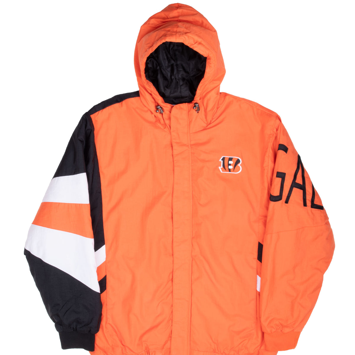 Front of orange Cincinnati Bengals hooded windbreaker with black and white sleeve panels