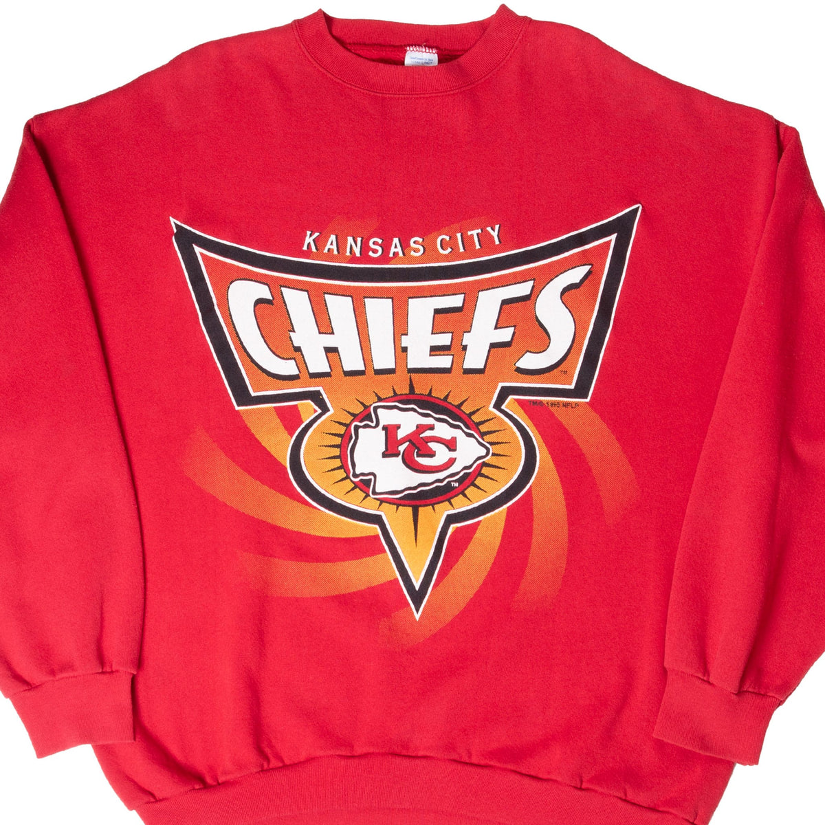 Front of red Kansas City Chiefs crewneck sweatshirt with large team logo graphic
