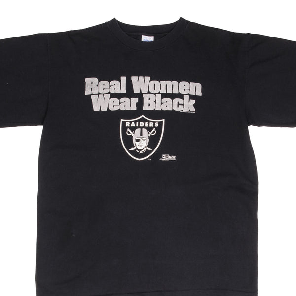 Vintage NFL Los Angeles Raiders Real Women Wear Black Tee Shirt 1990S Size XL Made In USA With Single Stitch Sleeves