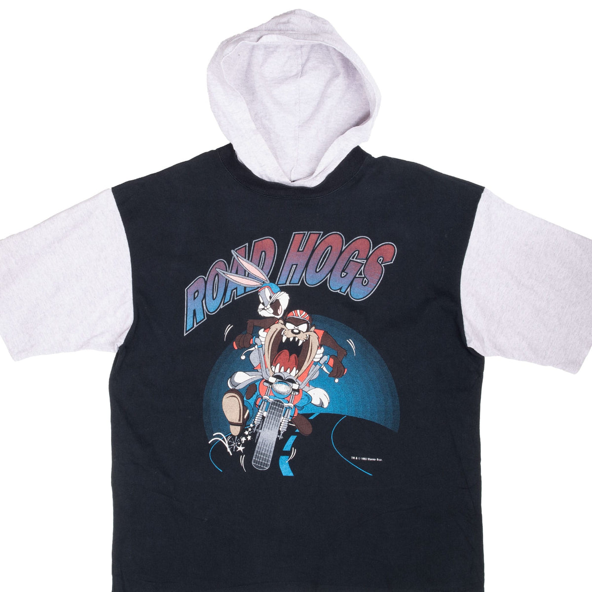 Front of black Looney Tunes hooded T-shirt with gray hood, sleeves, and Road Hogs motorcycle graphic