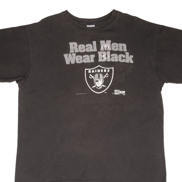 Vintage NFL Los Angeles Raiders Real Men Wear Black Tee Shirt 1990 Size XL Made In USA With Single Stitch Sleeves