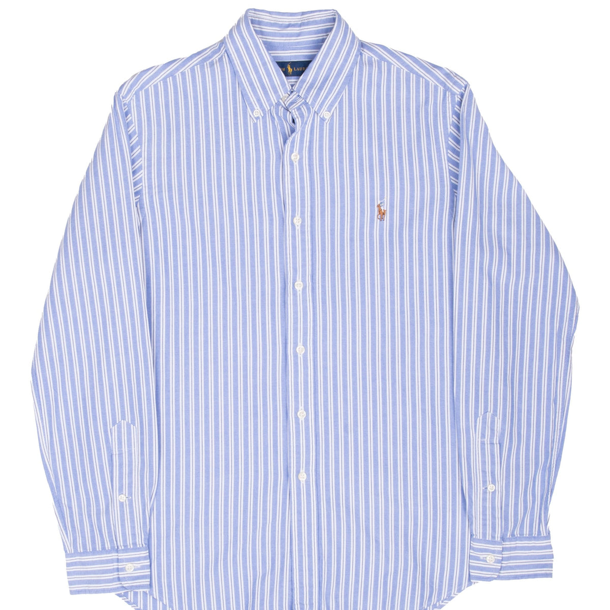 Front of Polo Ralph Lauren blue and white striped long-sleeve button-down shirt