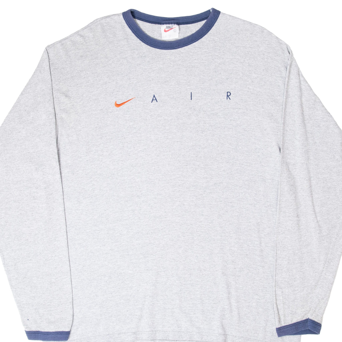 Front of grey Nike Air long-sleeve T-shirt with navy trim and orange Swoosh