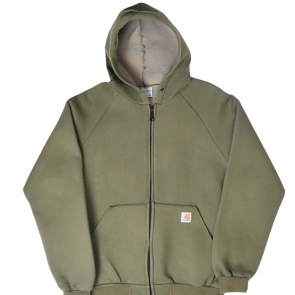 Front of olive green Carhartt full-zip hoodie with fleece-lined hood and logo patch on pocket