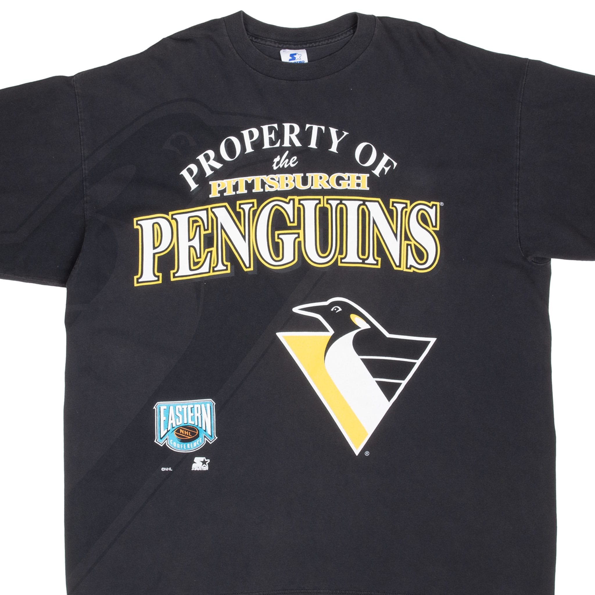 Front graphic of black Pittsburgh Penguins Starter T-shirt with team and Eastern Conference logos