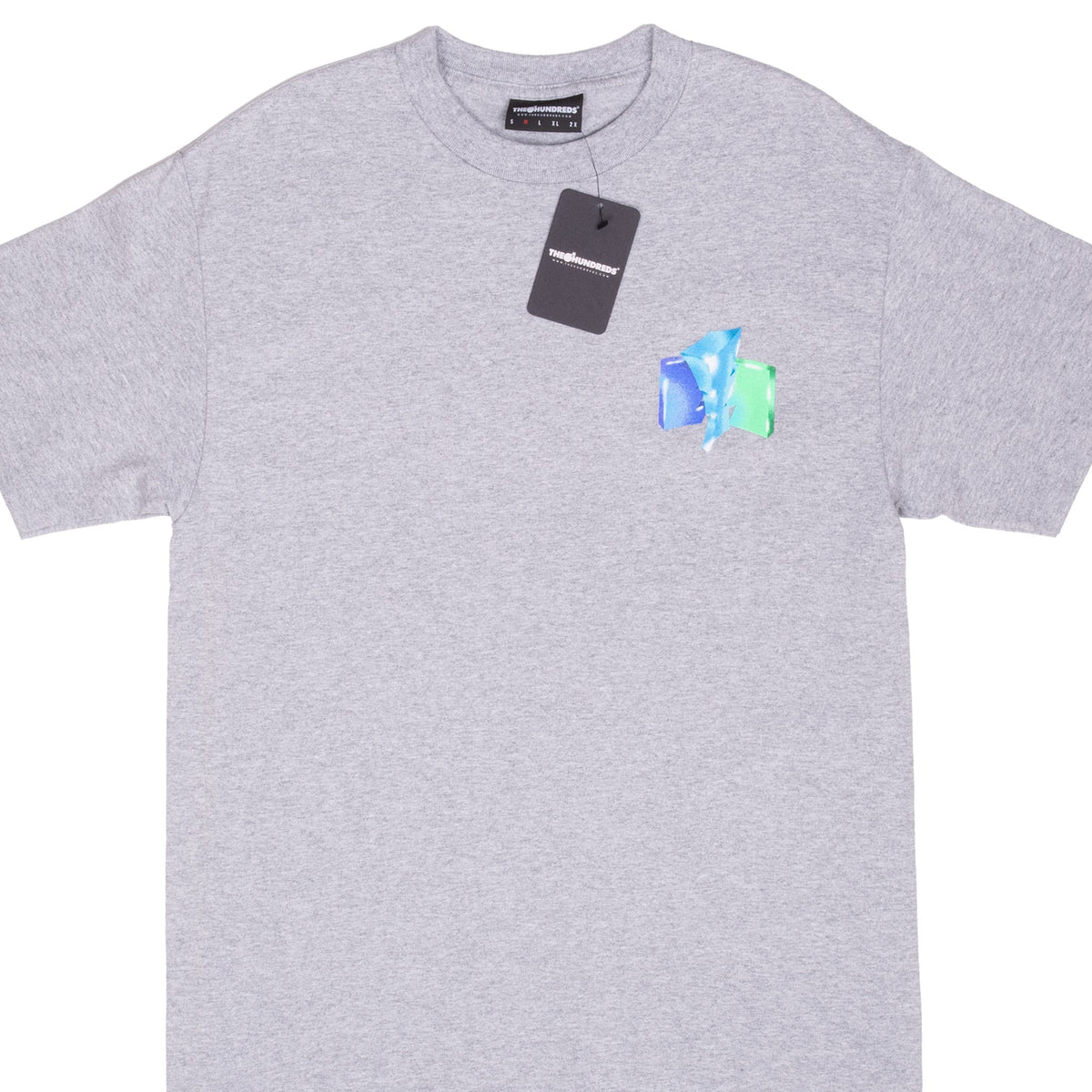 Front of grey The Hundreds T-shirt with hangtag and small blue, aqua and green left-chest graphic