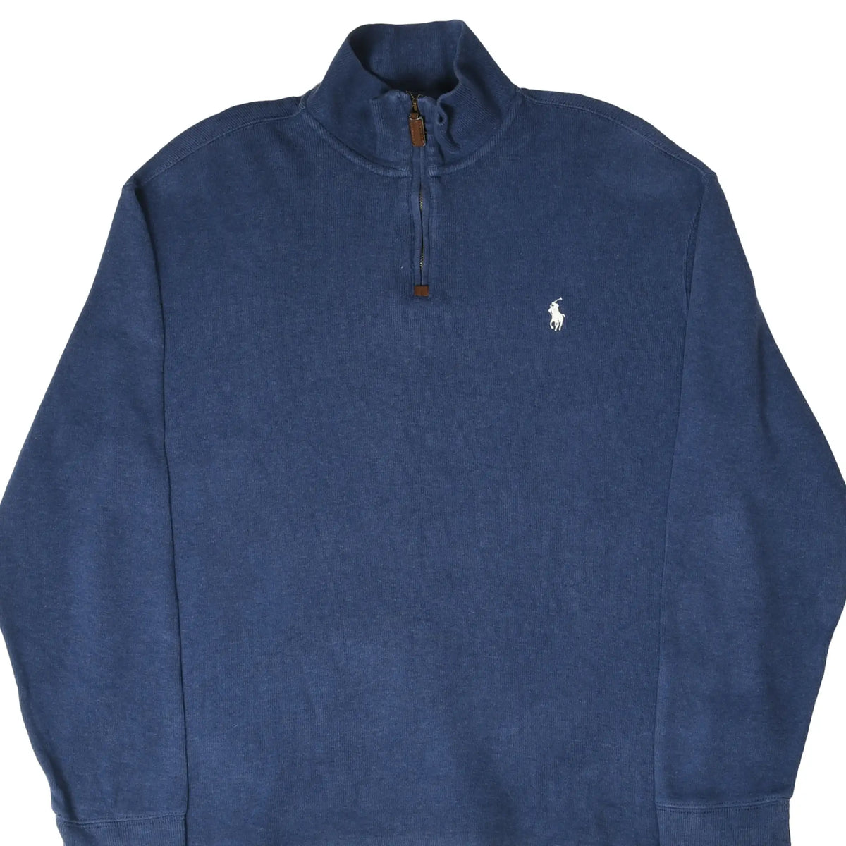 Front of blue Polo Ralph Lauren quarter-zip sweater with white pony embroidery