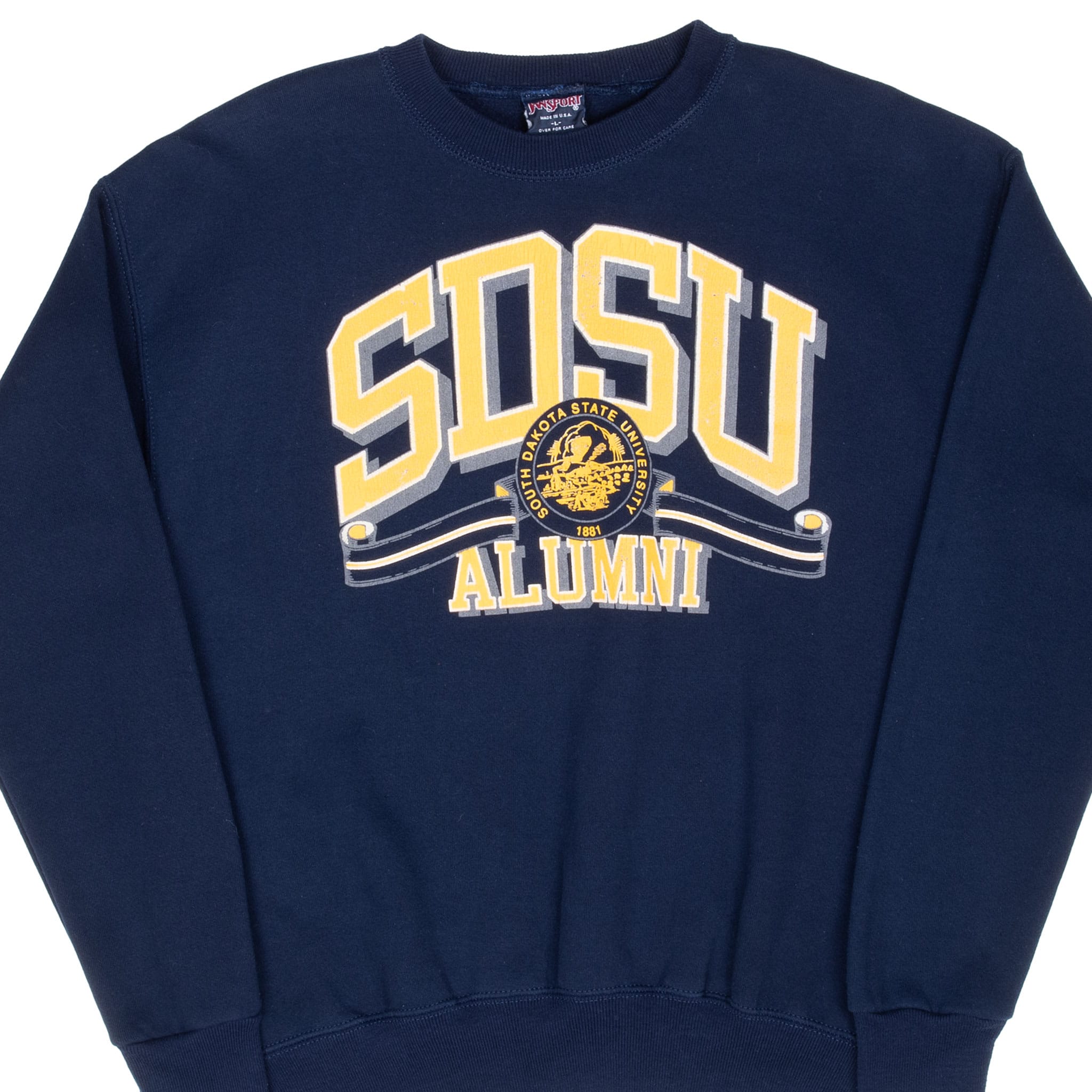 Front of navy SDSU Alumni crewneck sweatshirt with yellow, white and gray university seal graphic