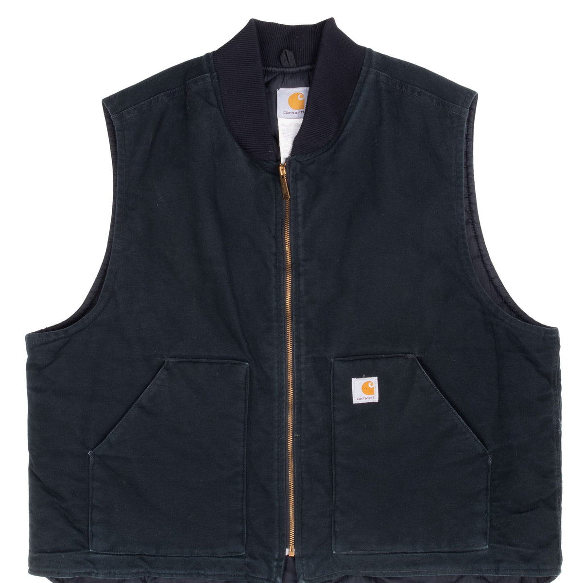 Front of black Carhartt V01BLK quilt-lined vest with zip closure and patch pockets