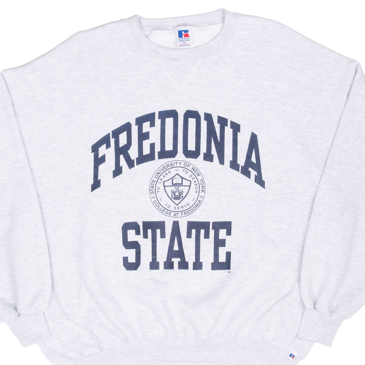 Front of light gray Fredonia State crewneck sweatshirt with navy university seal graphic