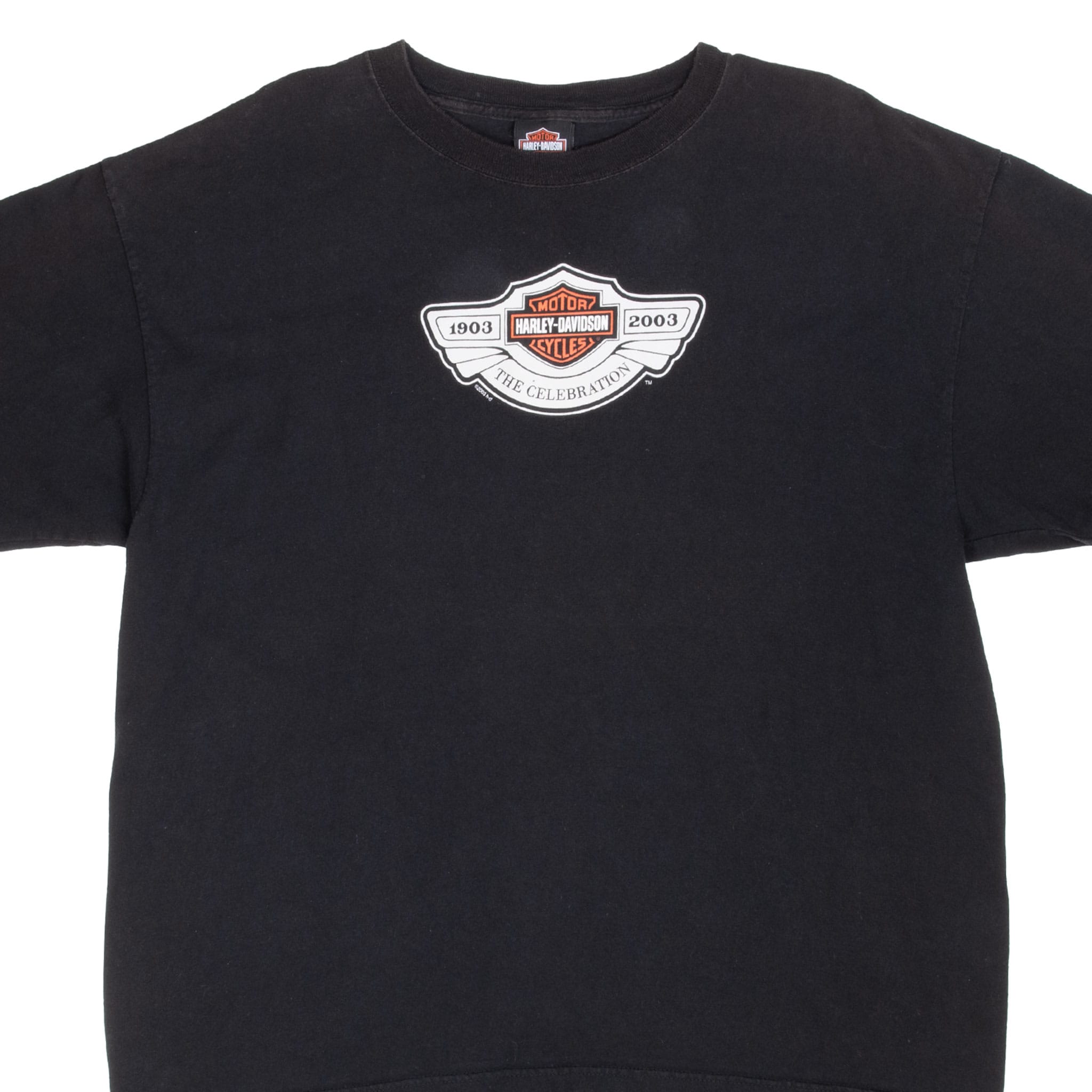 Front chest of black Harley-Davidson T-shirt with winged 1903–2003 anniversary graphic