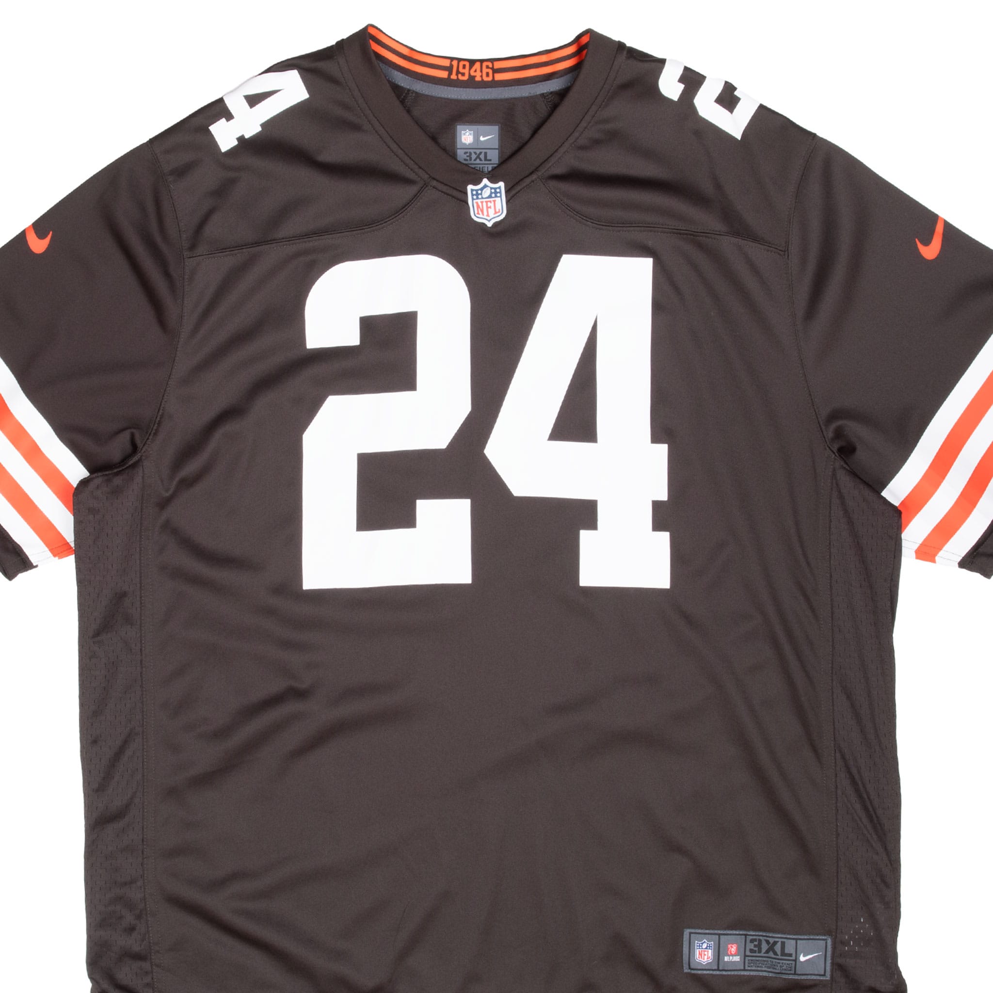 Front close-up of brown Cleveland Browns Nick Chubb Nike jersey with white number 24