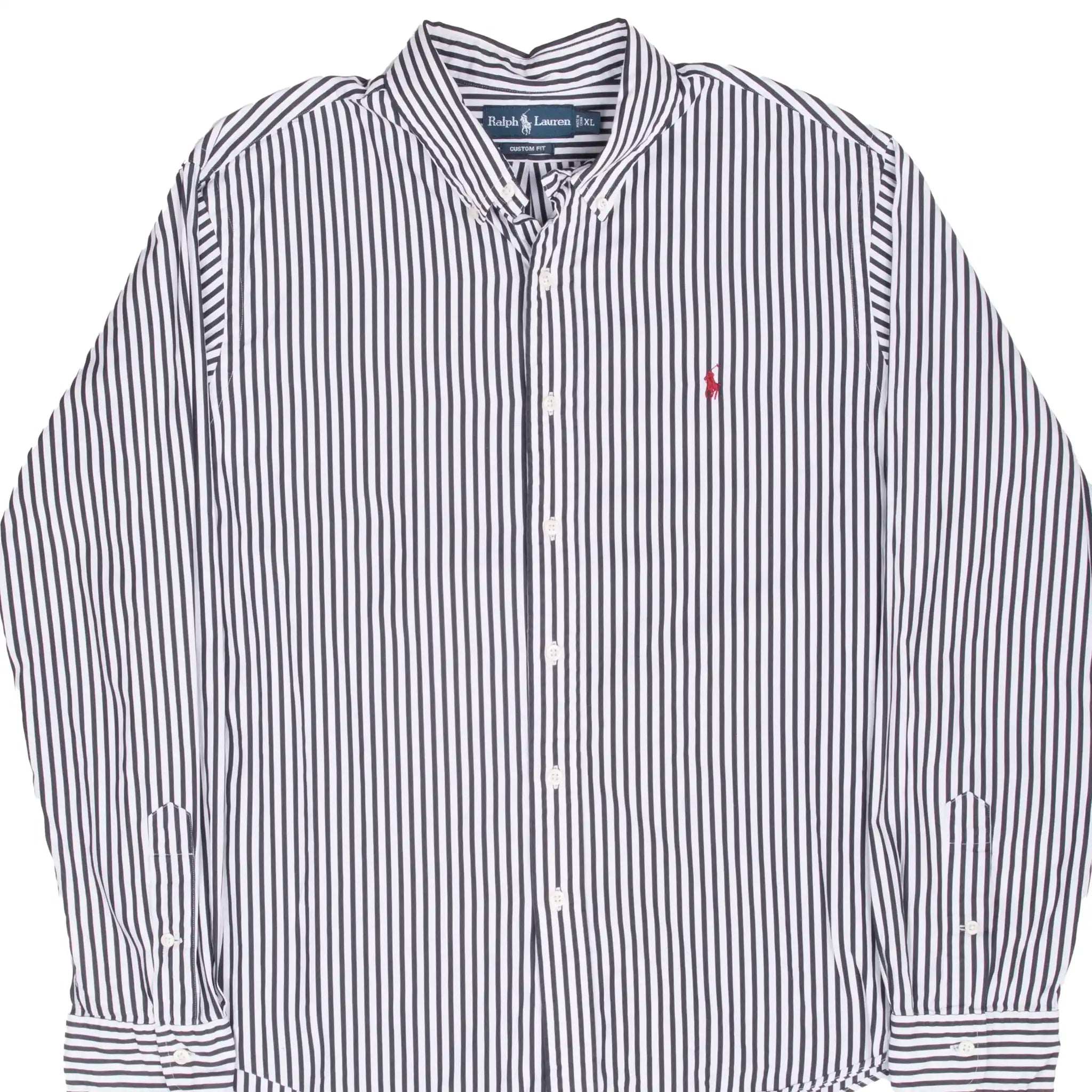 Front of Ralph Lauren black and white striped button-down shirt with red Polo logo