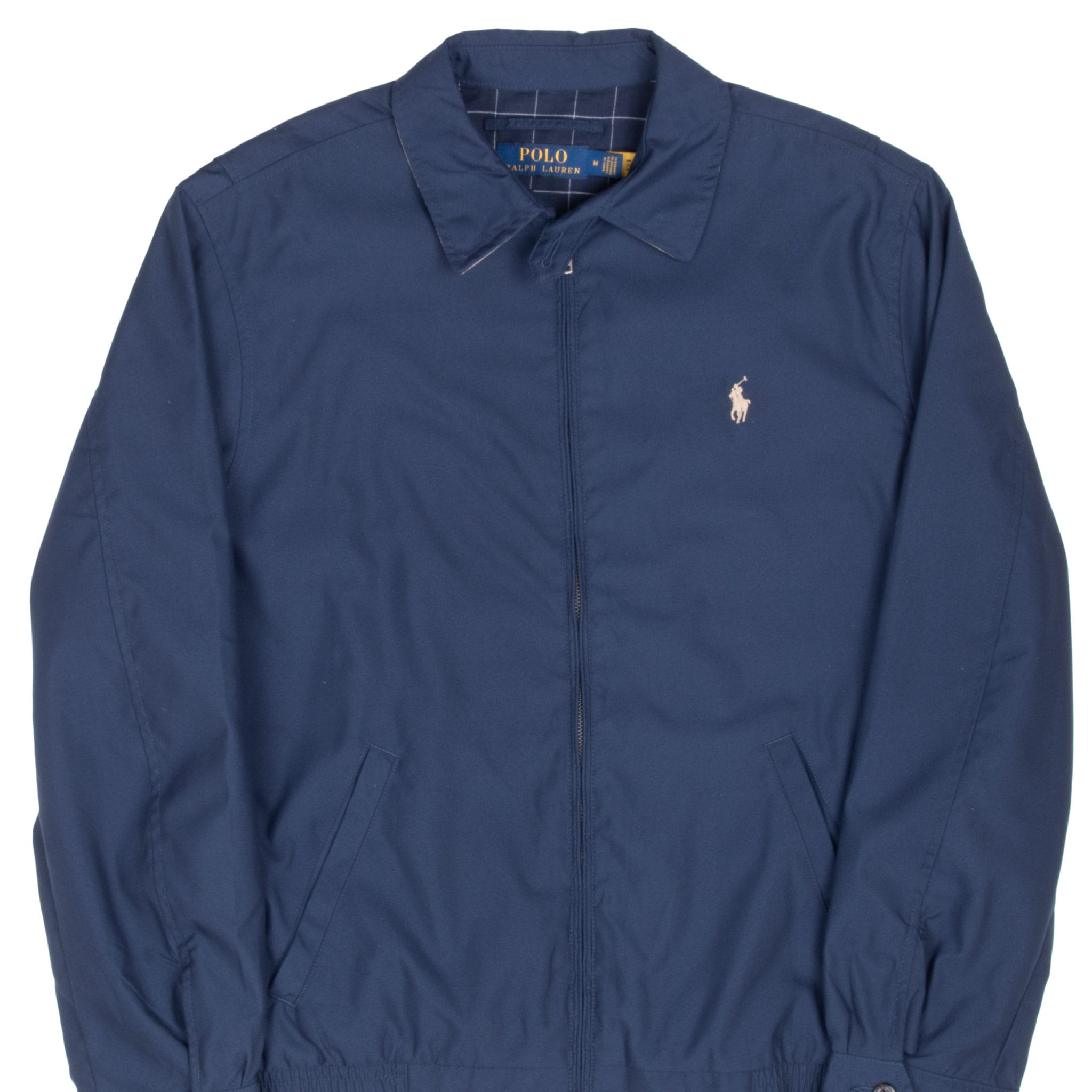 Front of blue Polo Ralph Lauren Harrington jacket with pony embroidery and angled pockets
