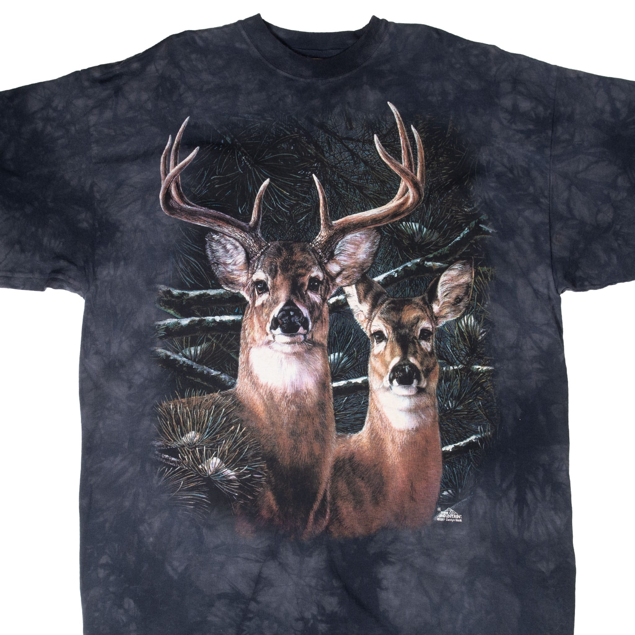 Front of black tie-dye The Mountain T-shirt with large buck and doe forest graphic