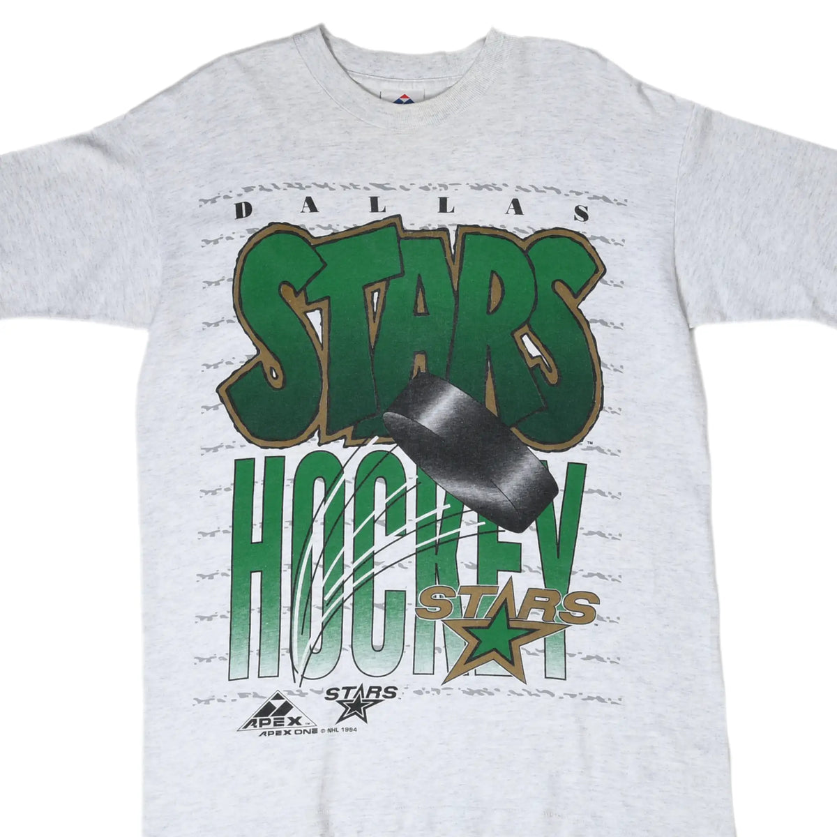 Front of gray Dallas Stars NHL T-shirt with green hockey graphic