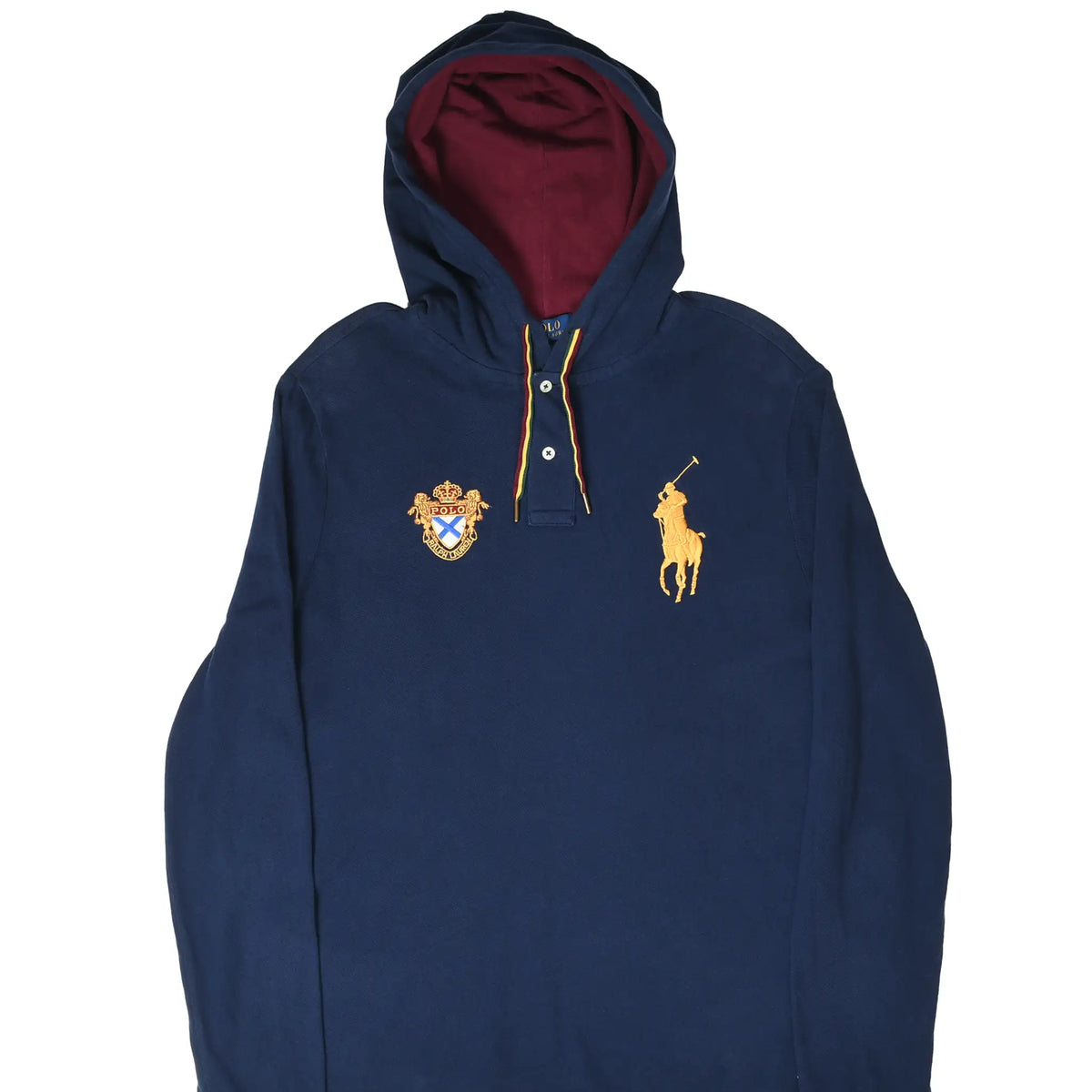 Front of navy Polo Ralph Lauren pullover hoodie with burgundy lining, crest and gold Big Pony embroidery