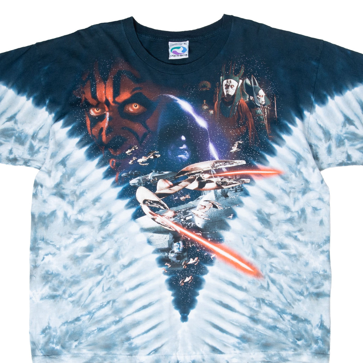 Front of Liquid Blue Star Wars Episode I tie-dye T-shirt with Darth Maul and spacecraft print