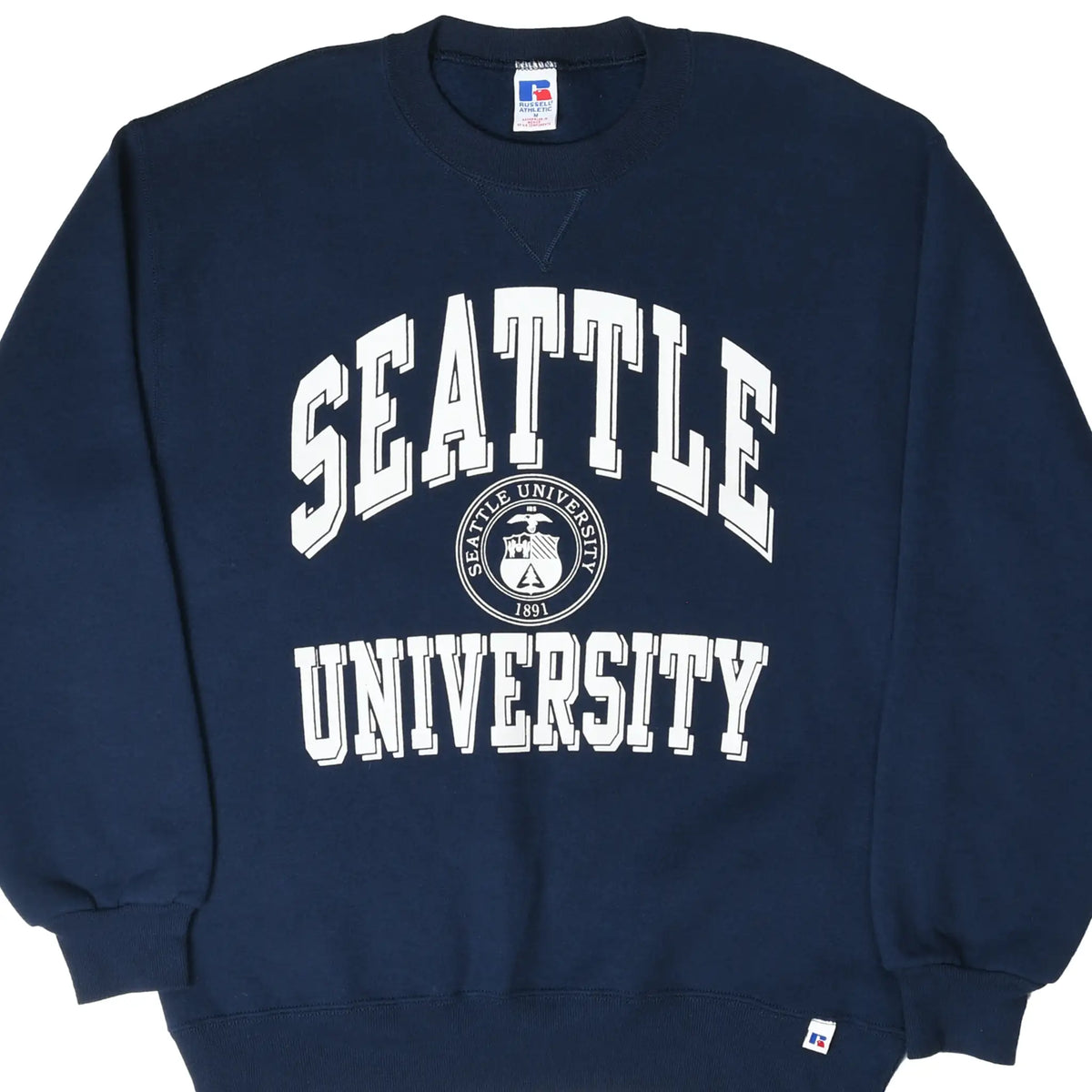 Front of navy Russell Athletic sweatshirt with white Seattle University crest graphic
