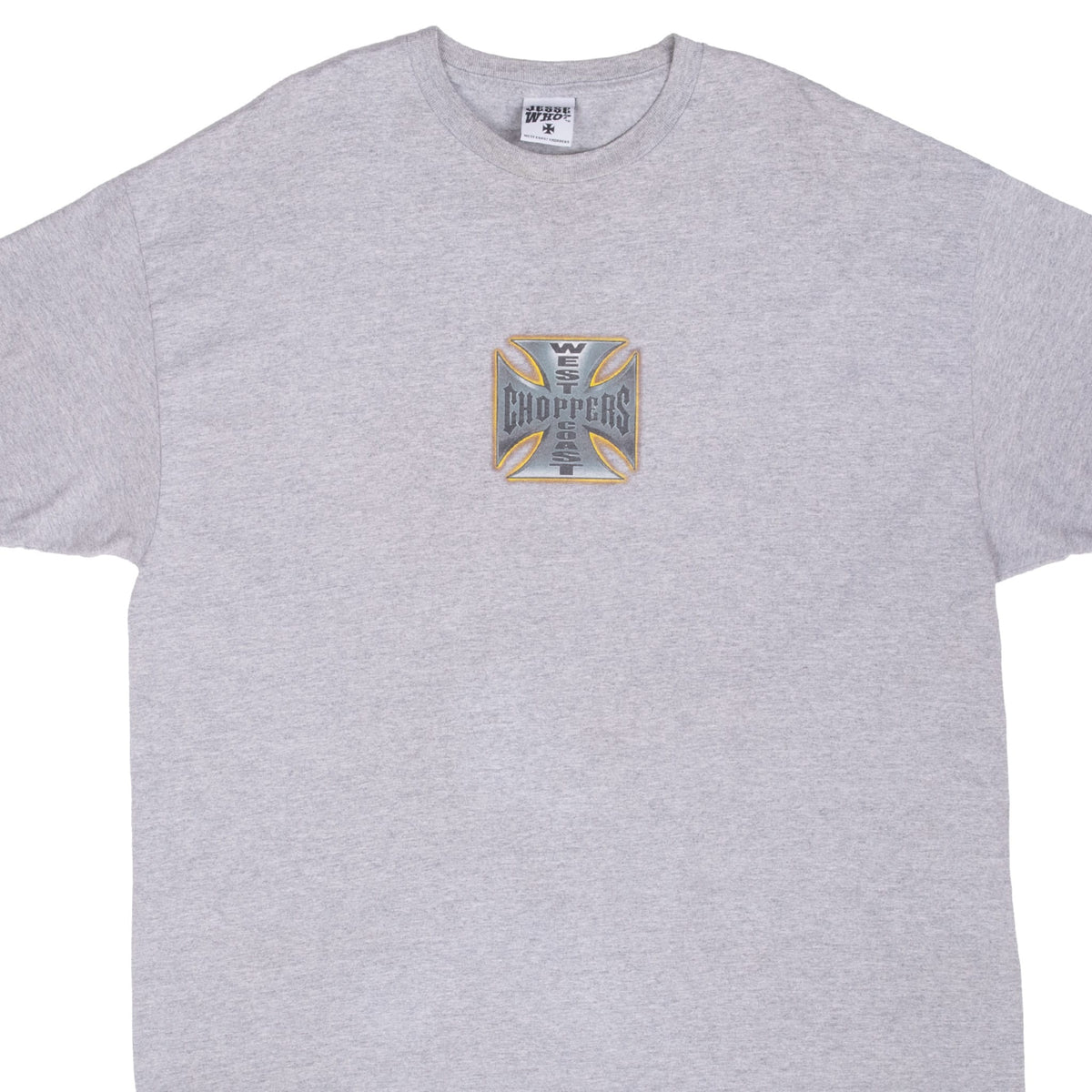 Front of gray West Coast Choppers T-shirt with small cross logo at center chest