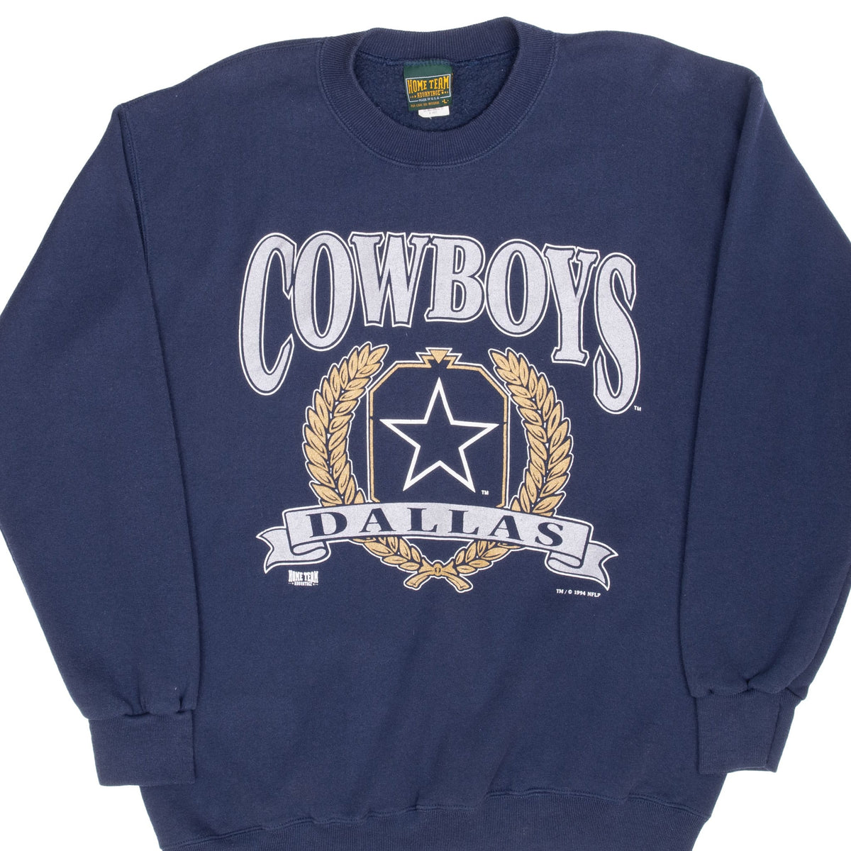 Front of navy Dallas Cowboys crewneck sweatshirt with star, gold laurel wreath and Dallas banner graphic