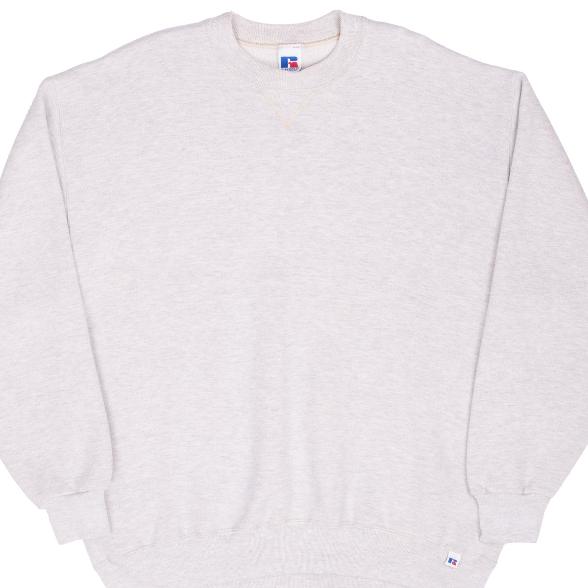 Front of grey Russell Athletic crewneck sweatshirt with V-inset neckline and ribbed trim