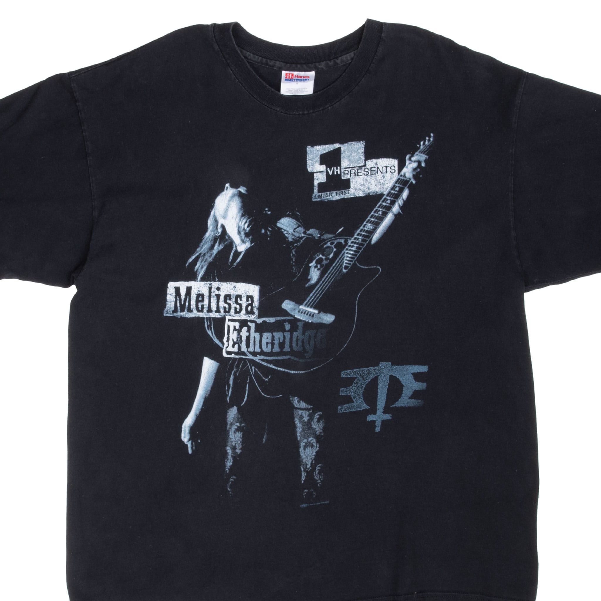 Front of black Melissa Etheridge T-shirt with blue-and-white guitar performance graphic
