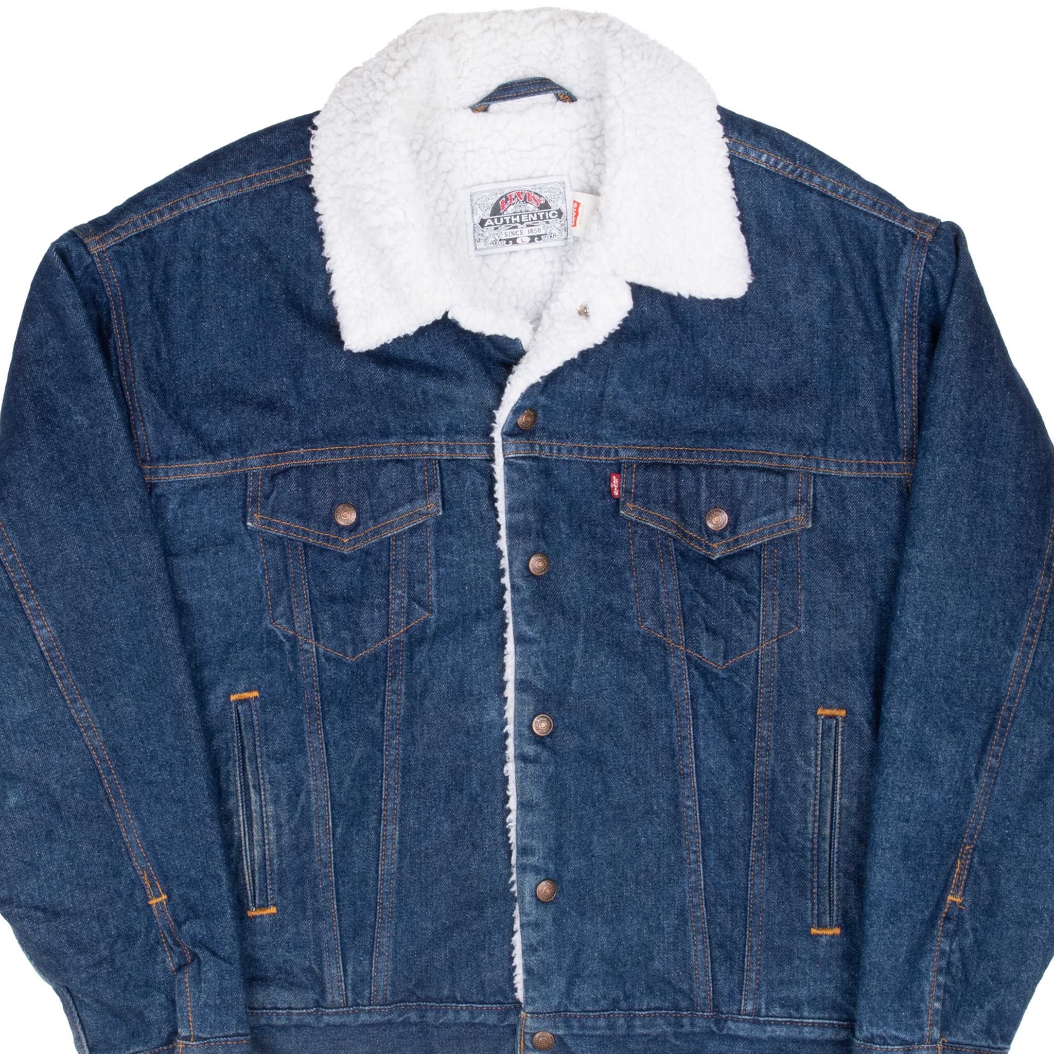 Vintage Levis Sherpa Triumph Patch Trucker Denim Jacket 1990S Size Large