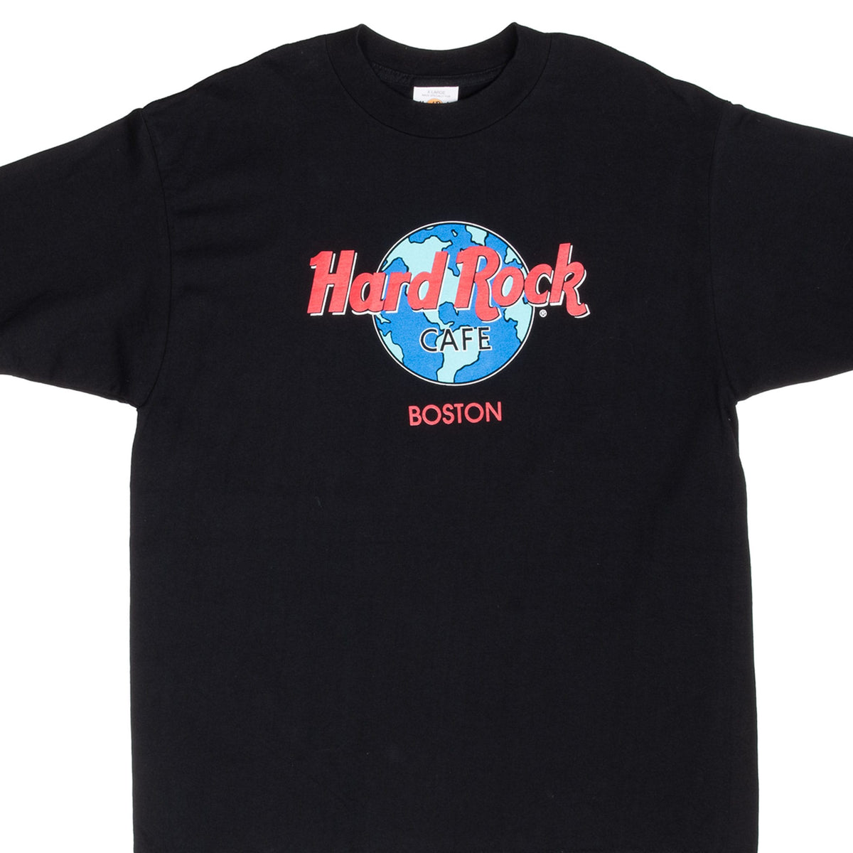 Front close-up of black Hard Rock Cafe Boston T-shirt with red logo and blue globe graphic