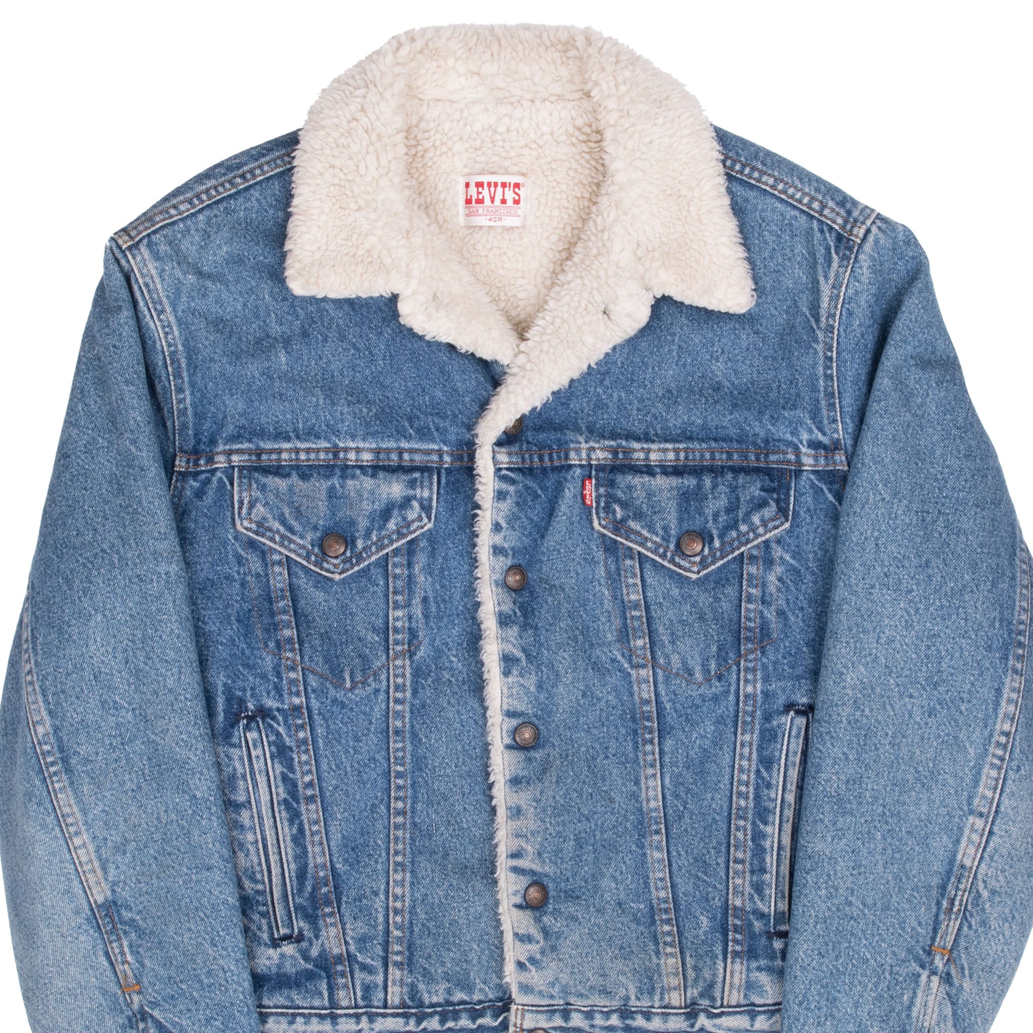 Vintage Levis Sherpa Trucker Denim Jacket Medium Wash Clean 1980s Size 40R Made In USA
Button #527