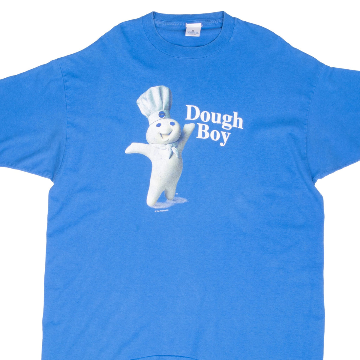 Front close-up of blue Pillsbury Doughboy T-shirt with white Dough Boy graphic