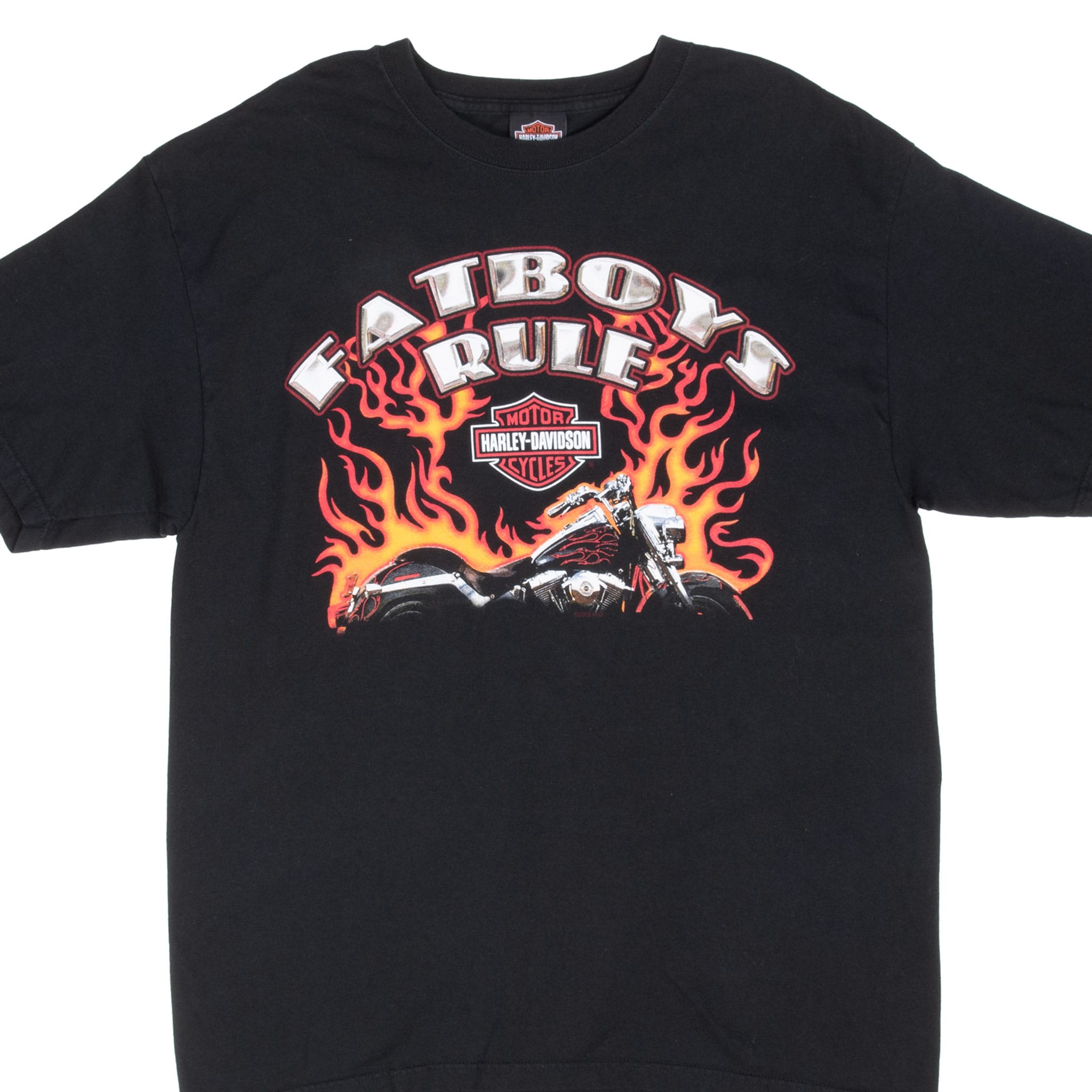 Front of black Harley-Davidson T-shirt with Fatboy'n Rule motorcycle and flame graphic