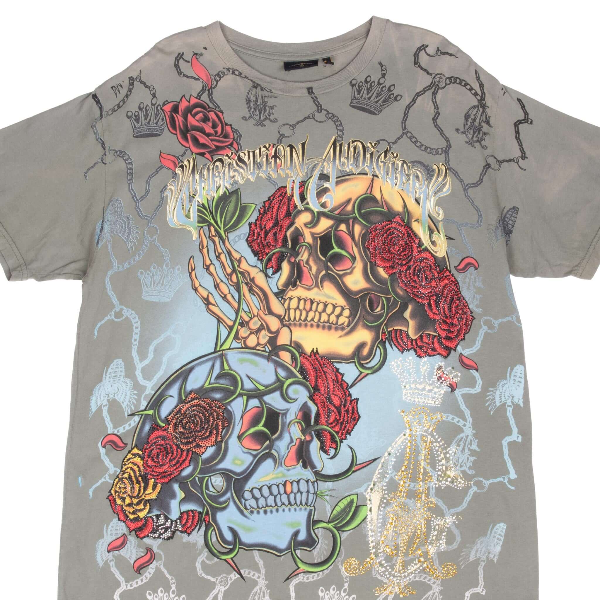 Vintage Christian Audigier Rhinestones Skull All Over Print Tee Shirt 2000S Size XL Made In Usa