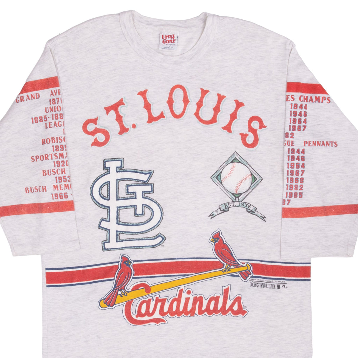 Front of gray St. Louis Cardinals all-over print T-shirt with logos, birds on bat, and red sleeve graphics