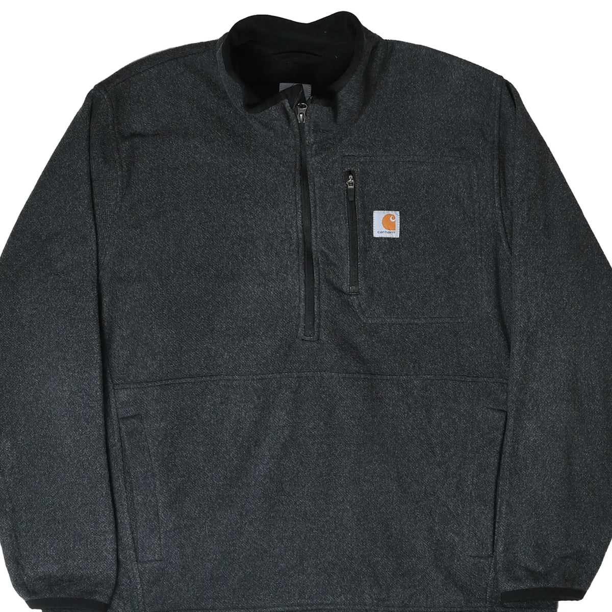 Front of dark grey Carhartt quarter-zip fleece jacket with chest zip pocket and logo patch
