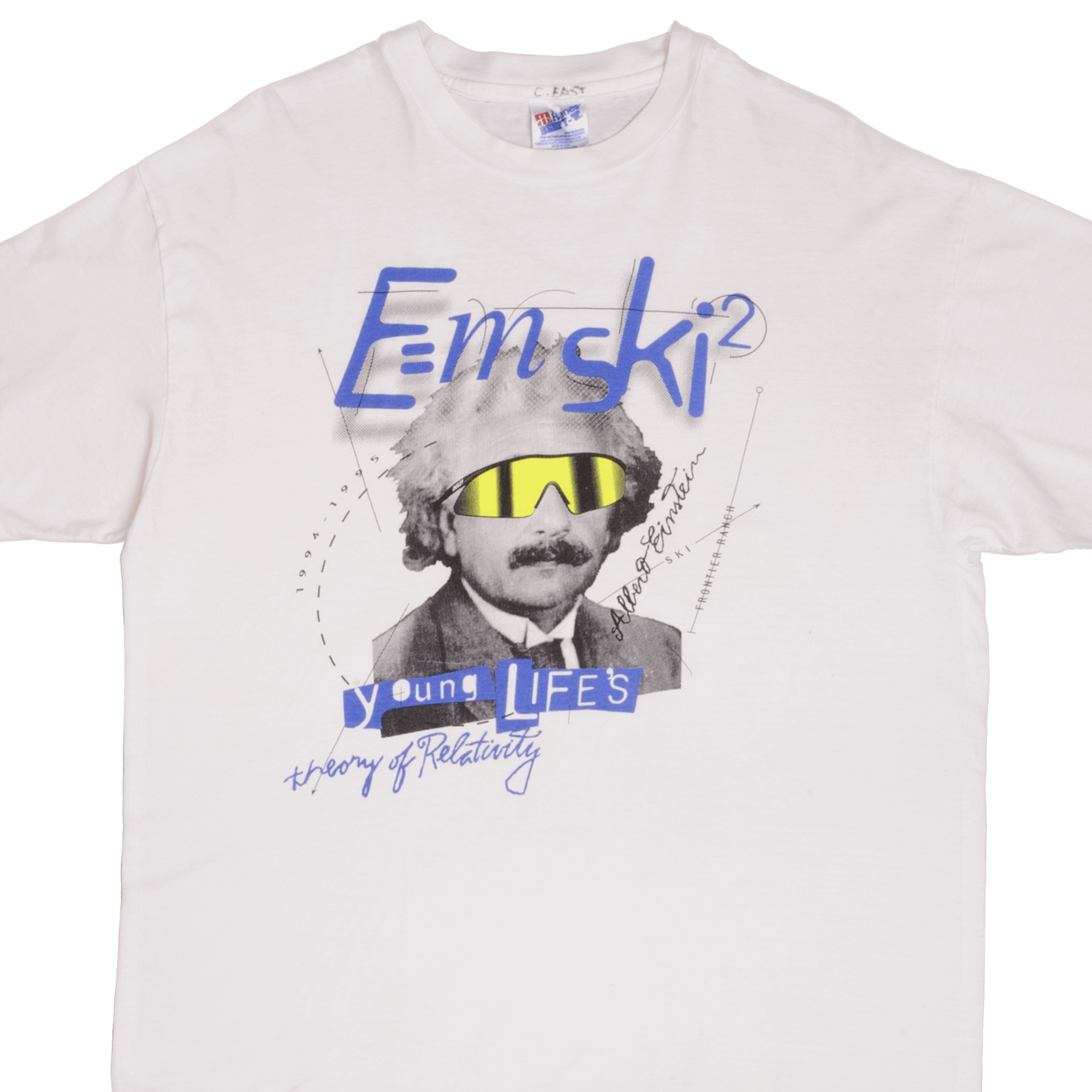 VINTAGE ALBERT EINSTEIN E=MSKI2 YOUUNG LIFE'S TEE SHIRT 1995 SIZE XL MADE IN USAVintage Albert Einstein E=Mski2 Young Life's Tee Shirt 1995 Size XL Made In USA With Single Stitch Sleeves