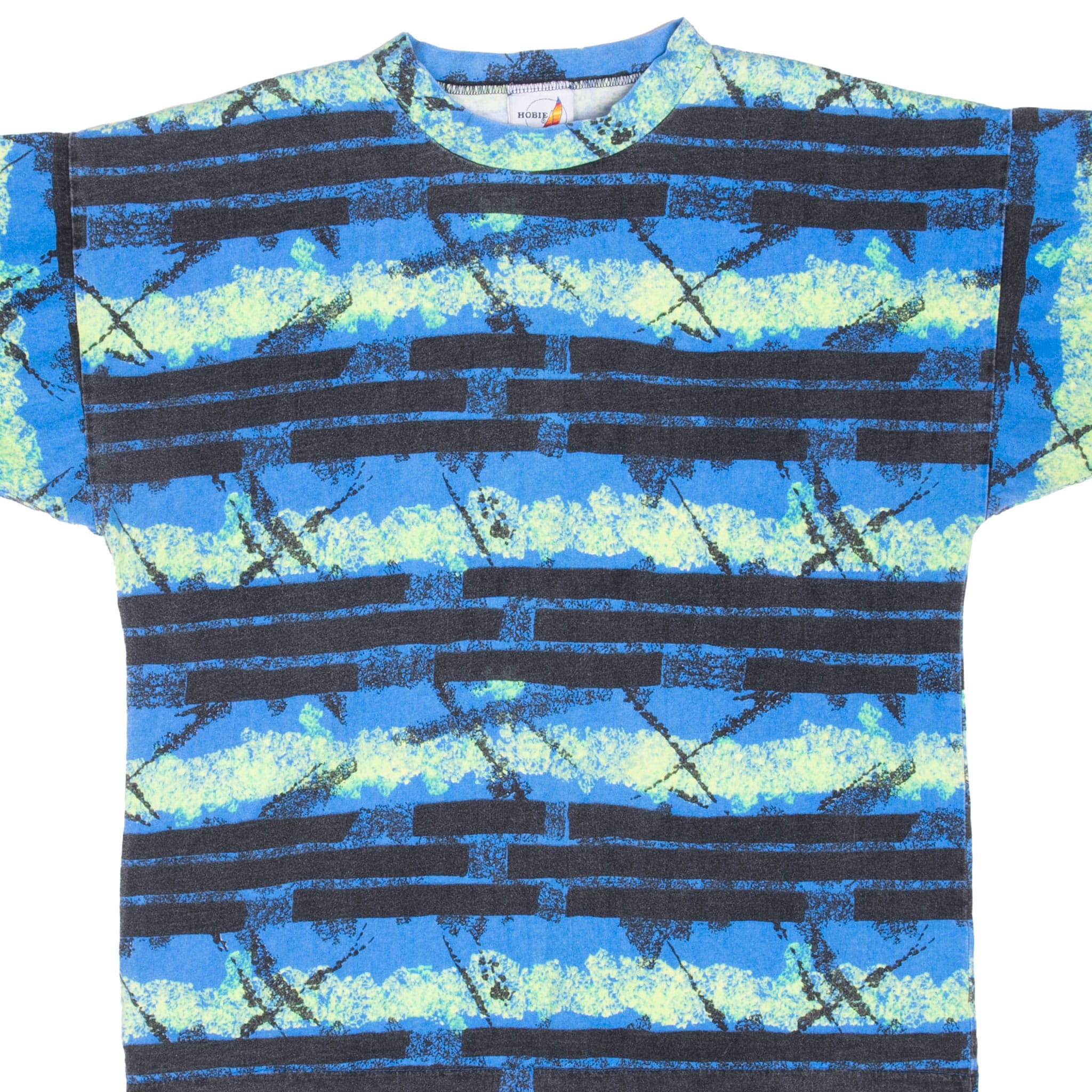 Front of Hobie surf T-shirt with blue, aqua, and black all-over abstract print