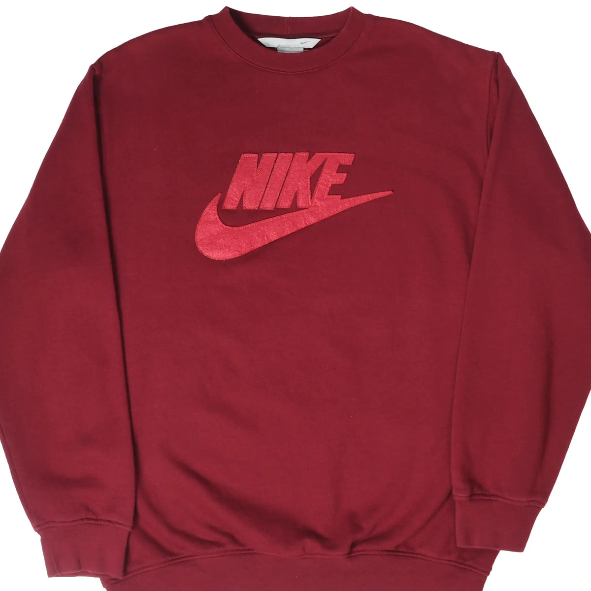 Front of burgundy Nike crewneck sweatshirt with red spellout and Swoosh logo