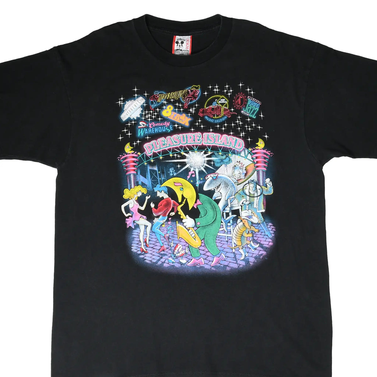 Front of black Disney T-shirt with colorful Pleasure Island nightlife character graphic