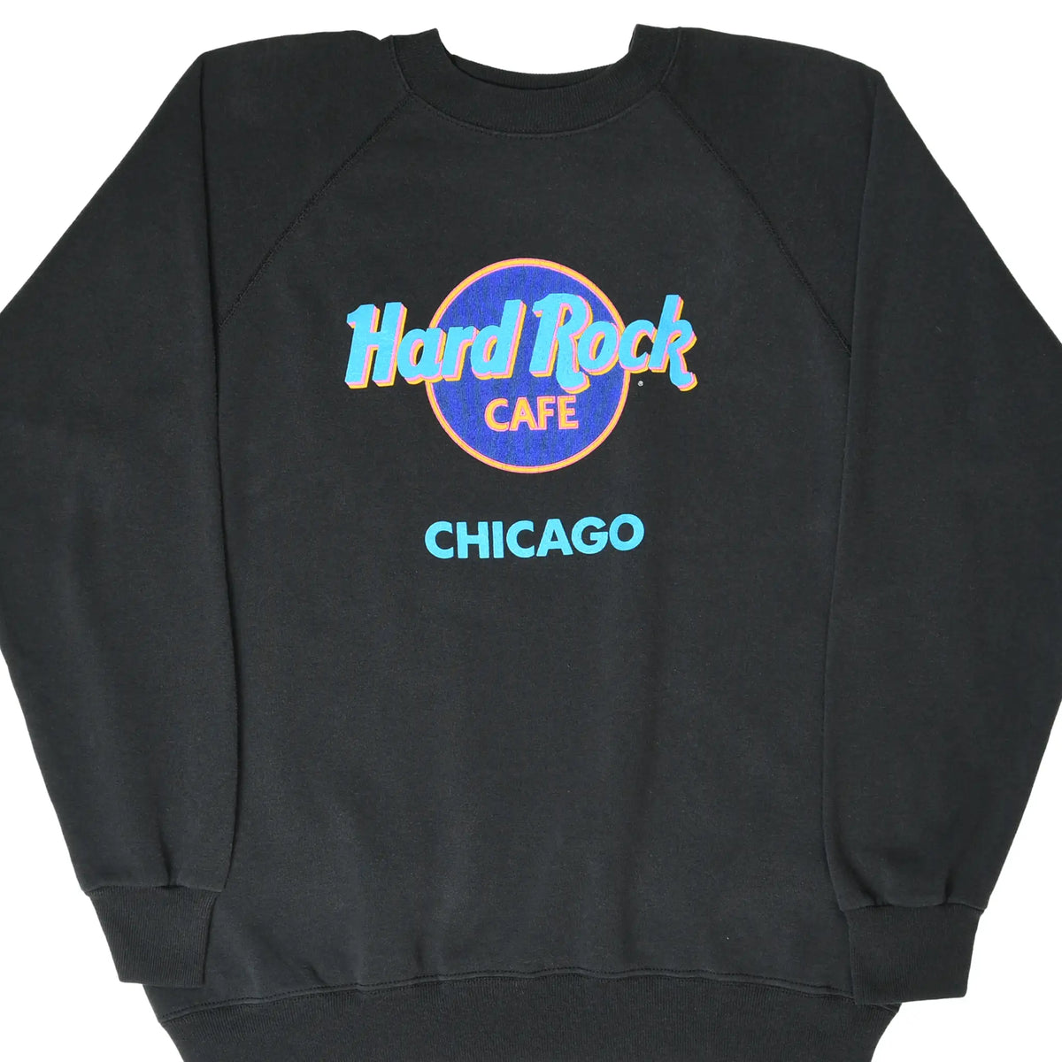 Front of black Hard Rock Cafe Chicago sweatshirt with colorful chest logo