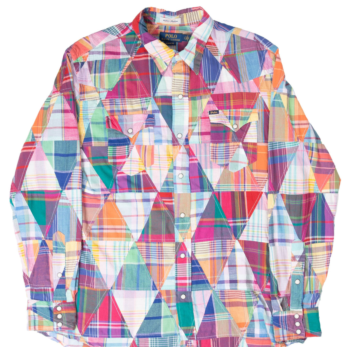 Front of Ralph Lauren multicolor Madras plaid patchwork shirt with pearl snaps and chest pockets