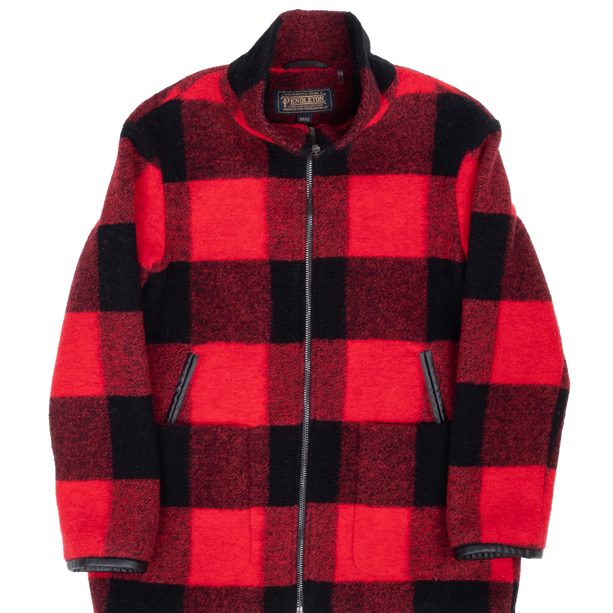 Front of Pendleton red-and-black buffalo plaid zip coat with angled pockets