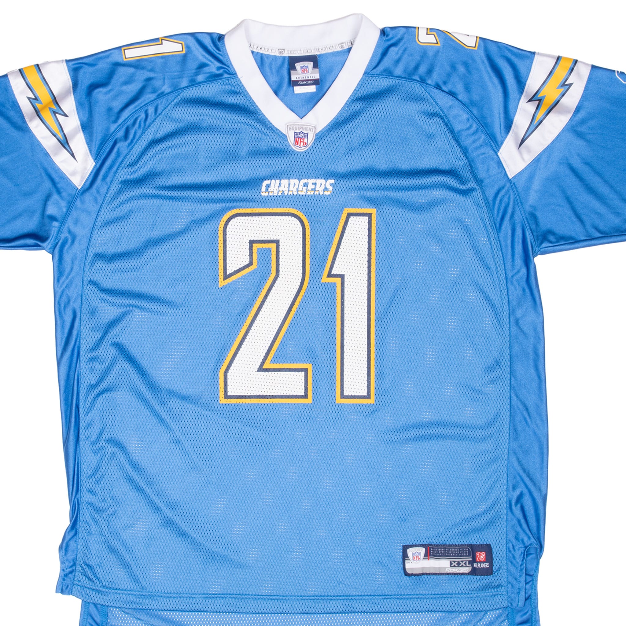 Front close-up of powder blue Chargers Reebok jersey with white V-neck and large number 21