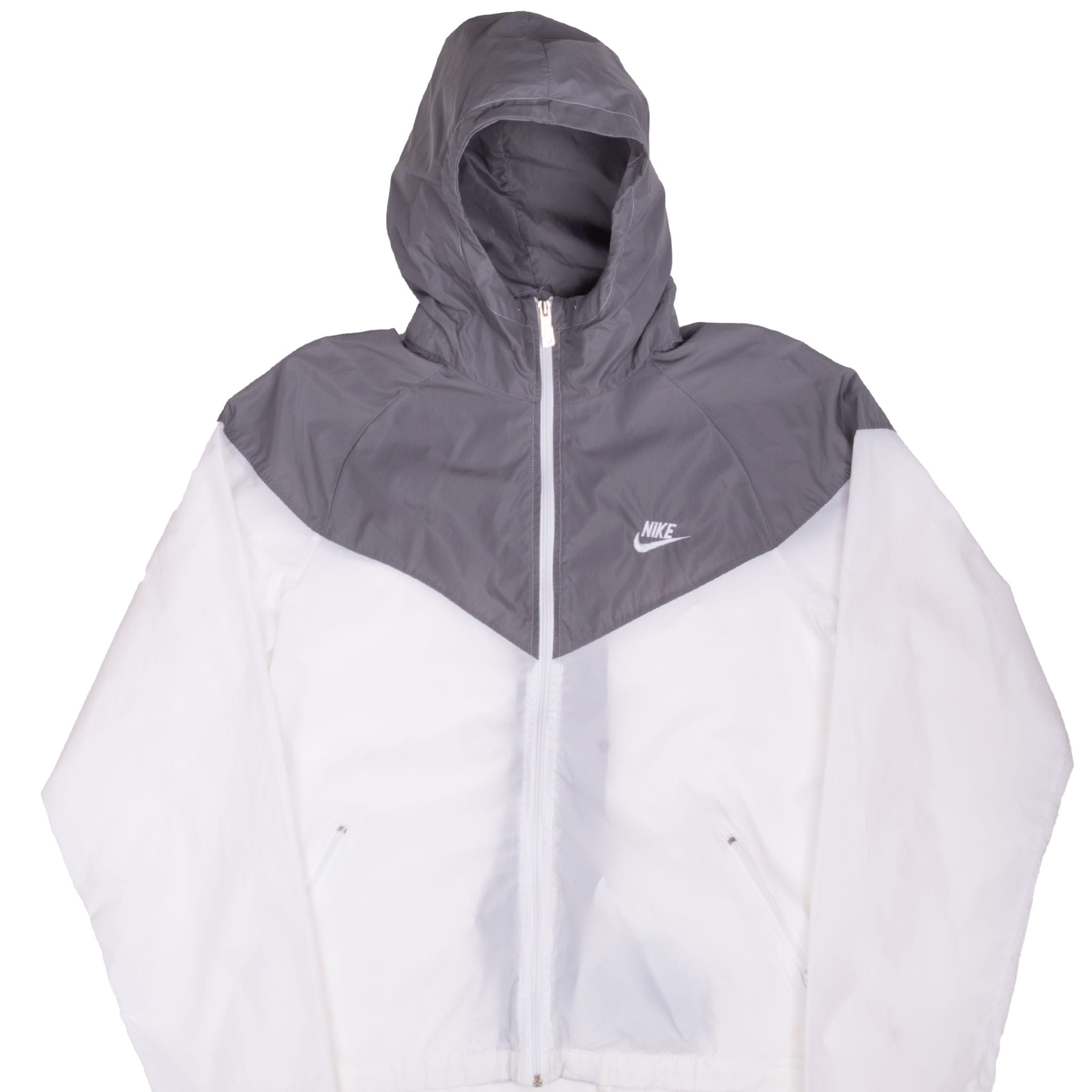 Front of grey and white Nike hooded windbreaker with V-shaped yoke and chest Swoosh