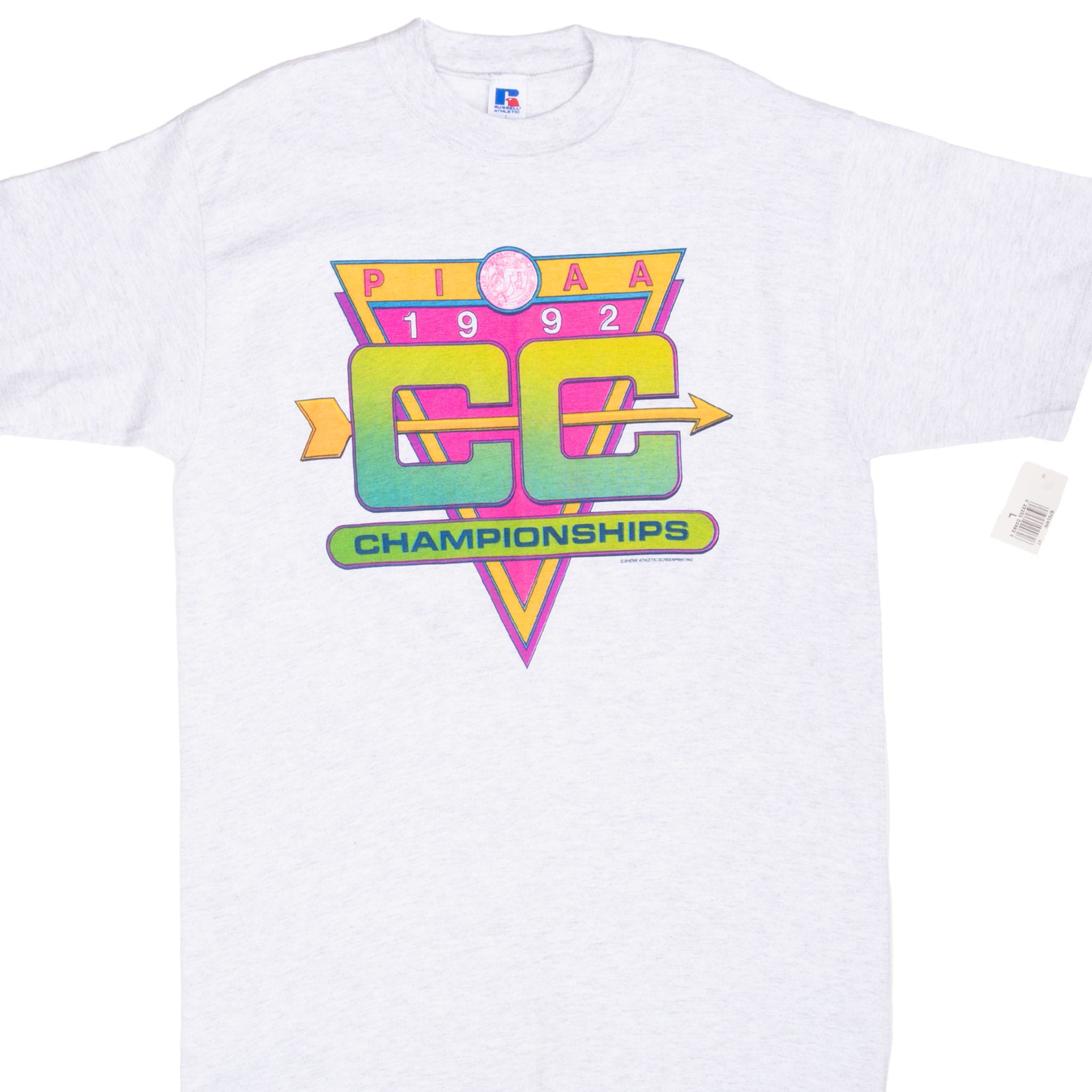 Front of gray PIAA 1992 Cross Country Championships T-shirt with colorful CC graphic