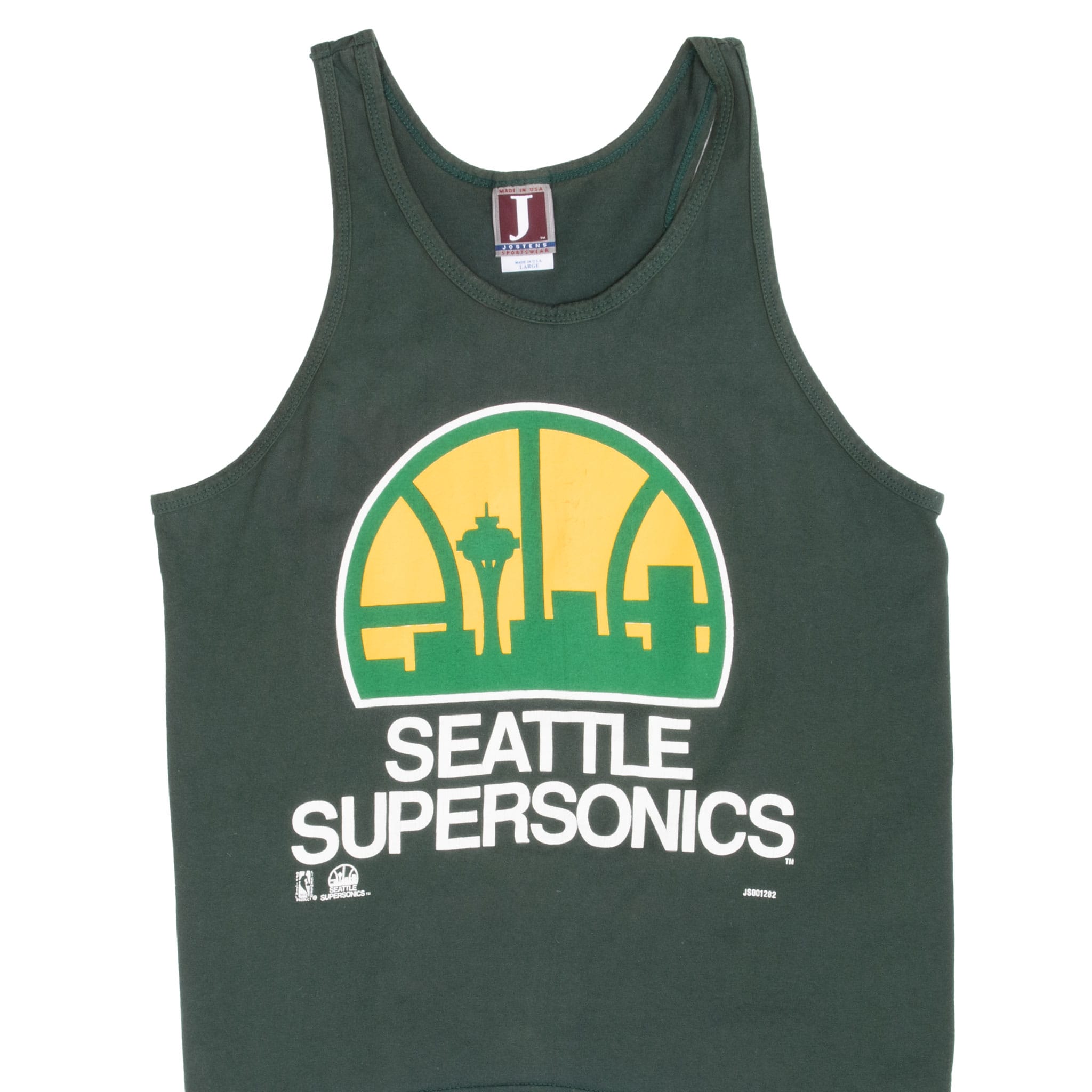 Front upper view of dark green Seattle SuperSonics tank top with yellow and green skyline graphic