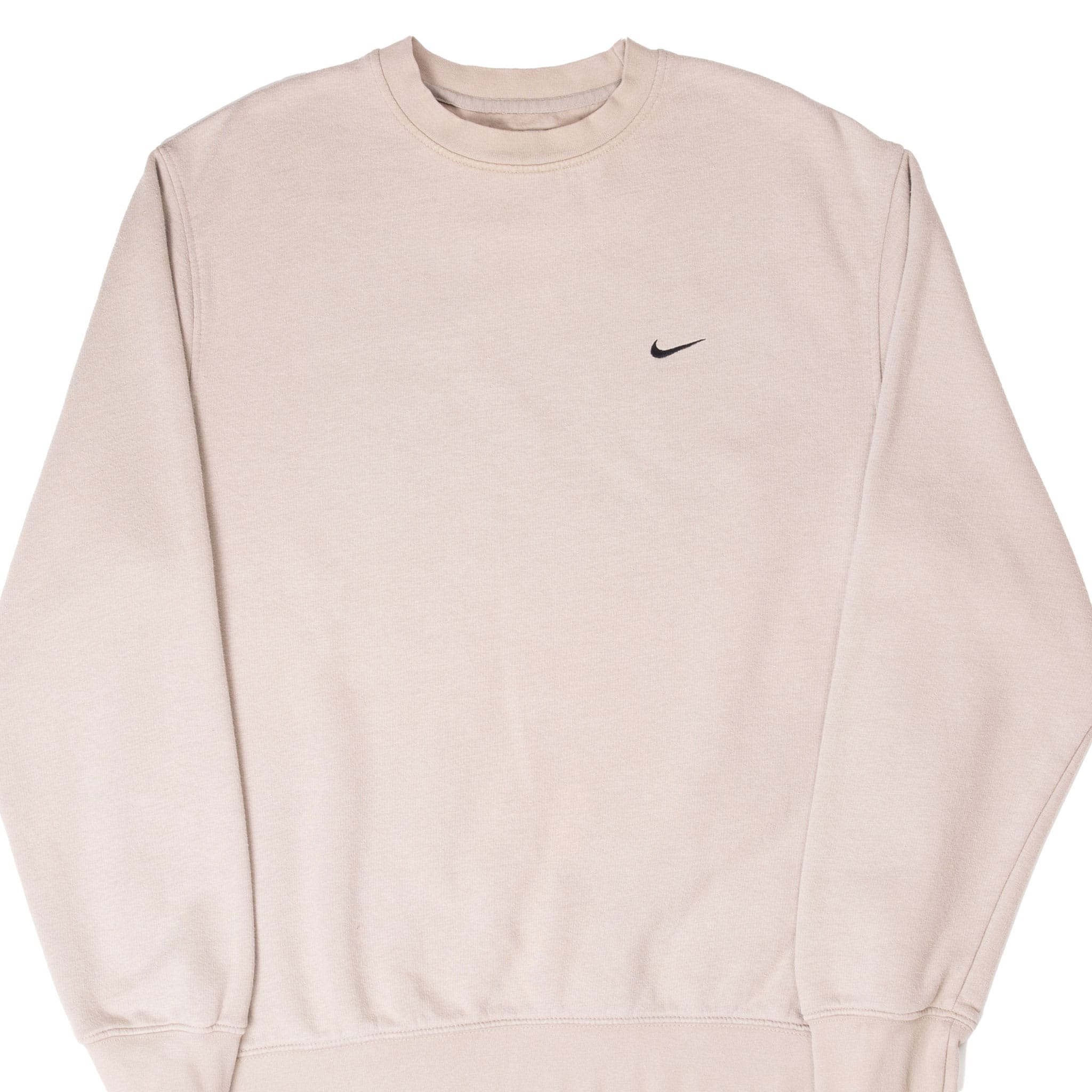 Front of beige Nike crewneck sweatshirt with small black Swoosh embroidery