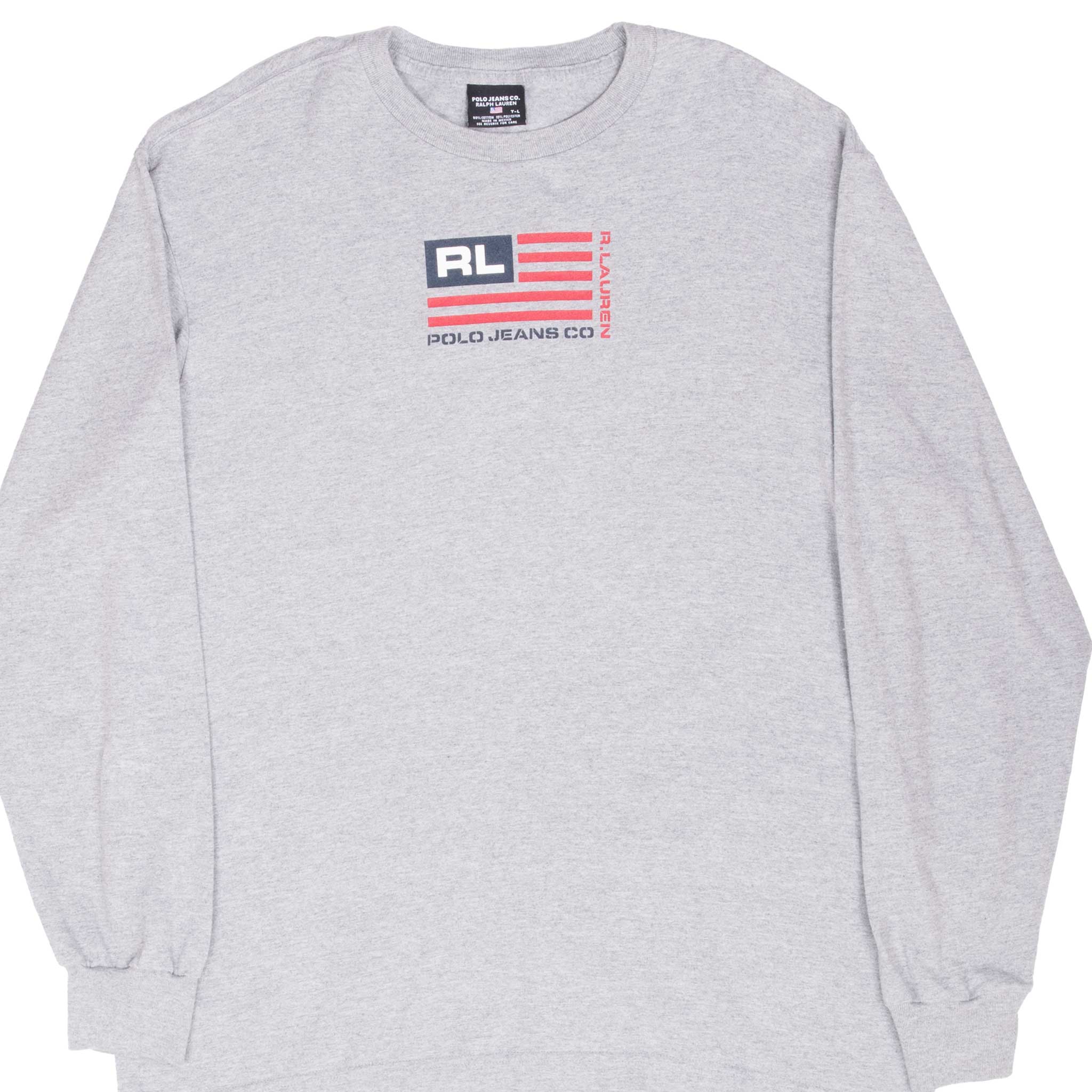 Vintage Ralph Lauren Polo Jeans Grey Sleeve Tee Shirt 1990S Size Large Made In Usa