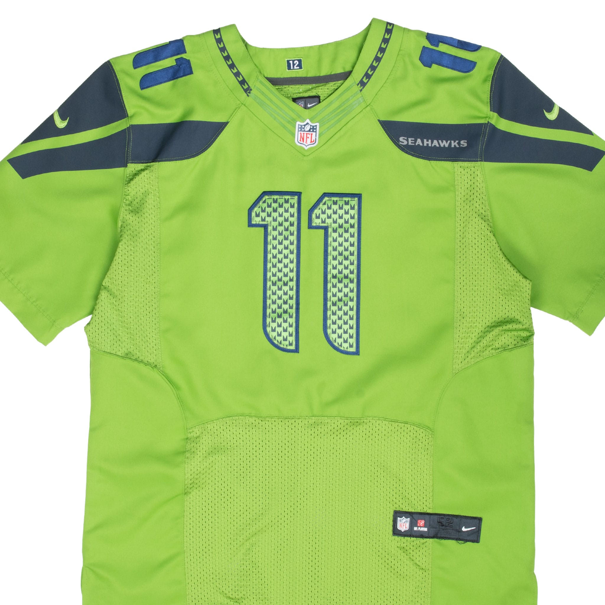 Front detail of green Seattle Seahawks Nike Harvin #11 jersey with navy shoulders